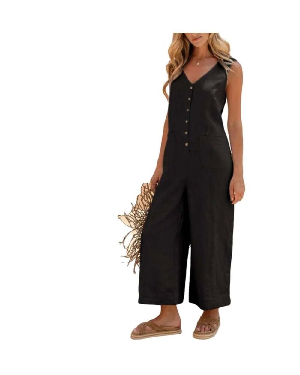 Women's Sleeveless Cotton Linen Blend V-Neck Button-Down Wide-Leg Jumpsuit - Picture 1 of 15